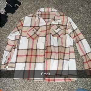 Plaid Button-Up Shacket in Cream, Tan & Red